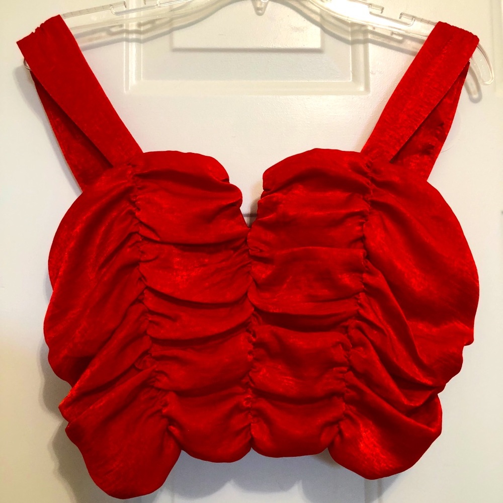 2 Rose Gathered Sweetheart Red Whimsical Straps Top Blouse